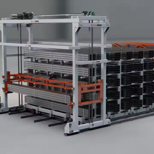 Automatic storage system of profiles, rods, pipes and pallets