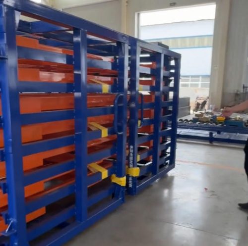 Drawer-type storage system of sheet and plate material for laser cutter