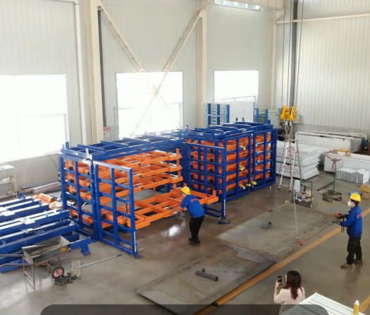 Drawer-type storage system of sheet and plate material for laser cutter