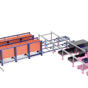 Twin-tower, four-row automated metal plate storage side-discharge silo and double-beam robotic arm