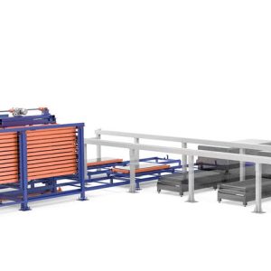 Twin-tower, four-row automated metal plate storage side-discharge silo and double-beam robotic arm