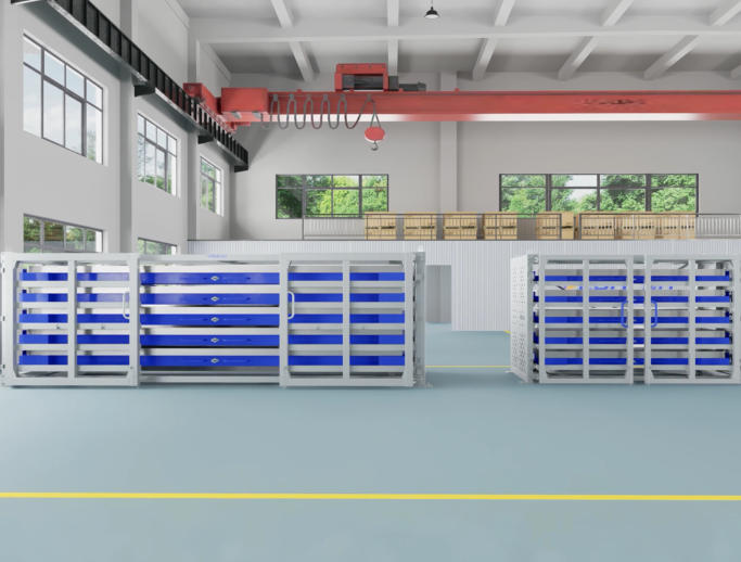 Storage System Featuring Roll-Out Levels for Storing Sheet Steel