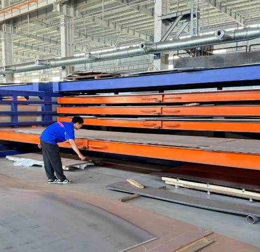 Storage System Featuring Roll-Out Levels for Storing Sheet Steel