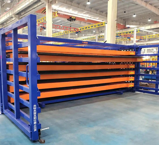 Storage System Featuring Roll-Out Levels for Storing Sheet Steel